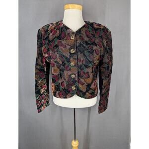 90s Greg Adams Quilted Jacket Blazer Dark Floral Gold Velvet USA Made Size Med